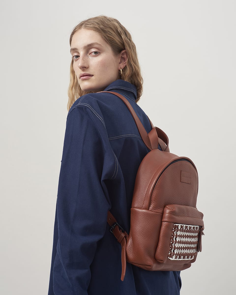 Tan leather mini backpack top